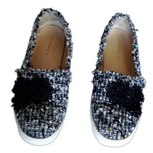 Zara Women Black & White Tweed Floral Sequin Sneakers shoes size 35 EUR 5 USA